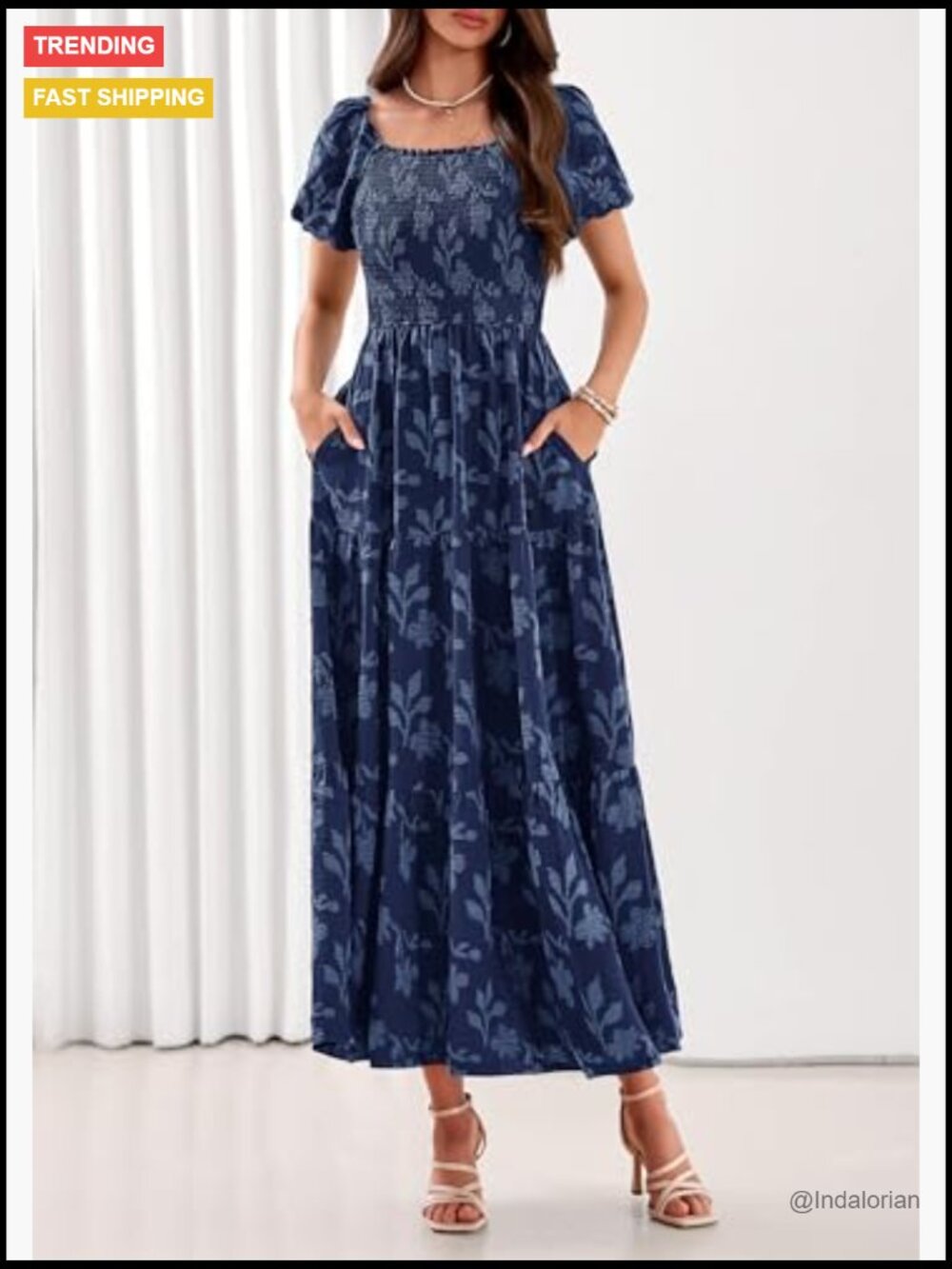 Boho Maxi Dress Floral Short Sleeve Square Neck Smocked Flowy Long Vacation - Picture 6 of 7